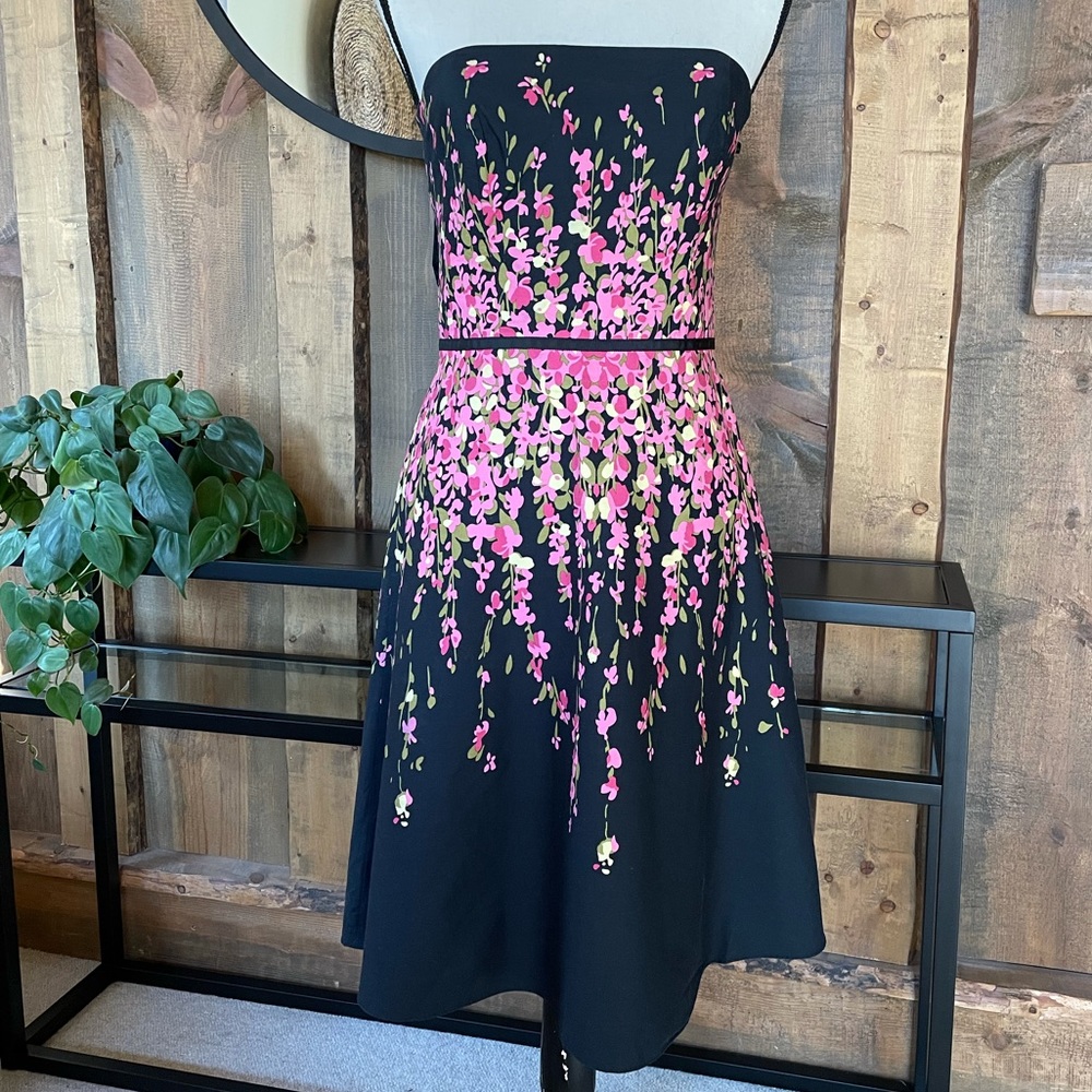 ANN TAYLOR Loft Black & White Floral Strapless Shelf Bra Lined Dress